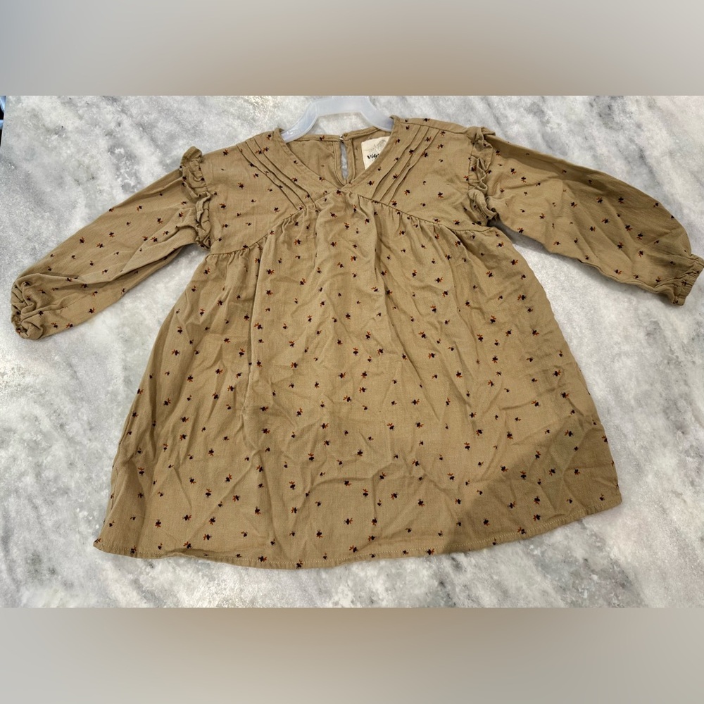 Girls' Casual Tan Long-Sleeve Smocked Dress